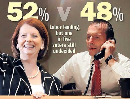 Julia Gillard i Tony Abbott en els darrers moments de la campanya electoral. Foto: AP, Glen McCurtayne