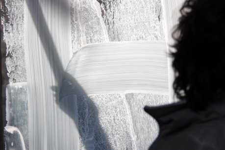Representants de l'Associació d'Artistes Visuals de Catalunya (AAVC) pinten de blanc els vidres del Canòdrom. FOTO: Francesch, Pere.